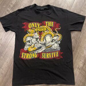Only The Strong Survive T-Shirt Skull Snake Tattoo Graphic Black Cotton Tee Mens